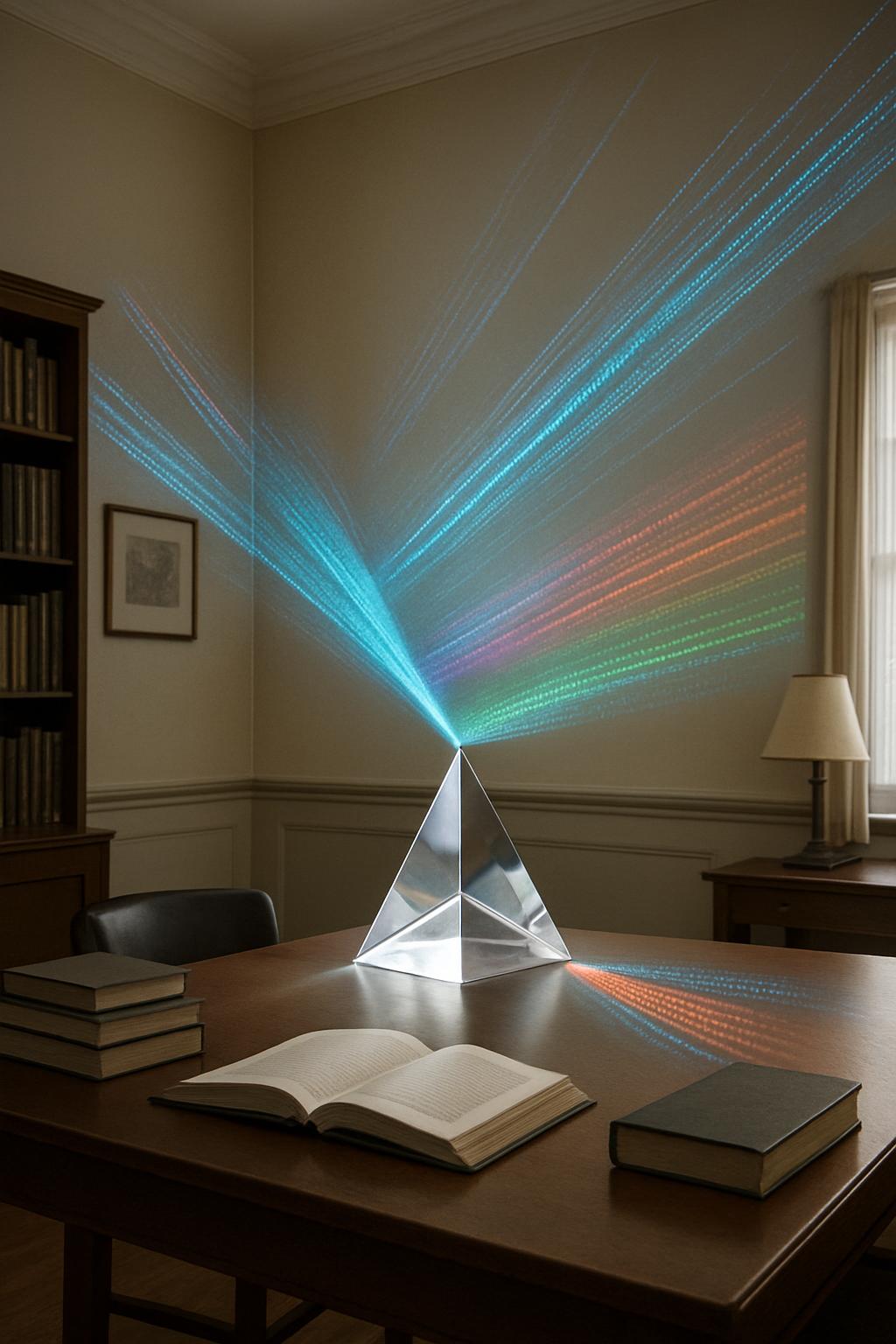 A laser beam is directed at a metallic pyramid structure, casting multiple beams of distinct colors: blue, red, and green.