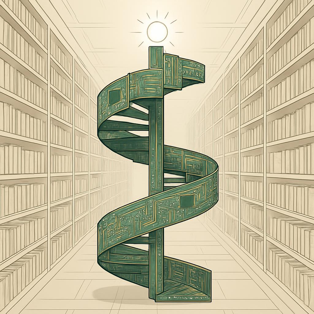 A large, green, mechanical dollar sign is prominently displayed in the center of a large, empty library.