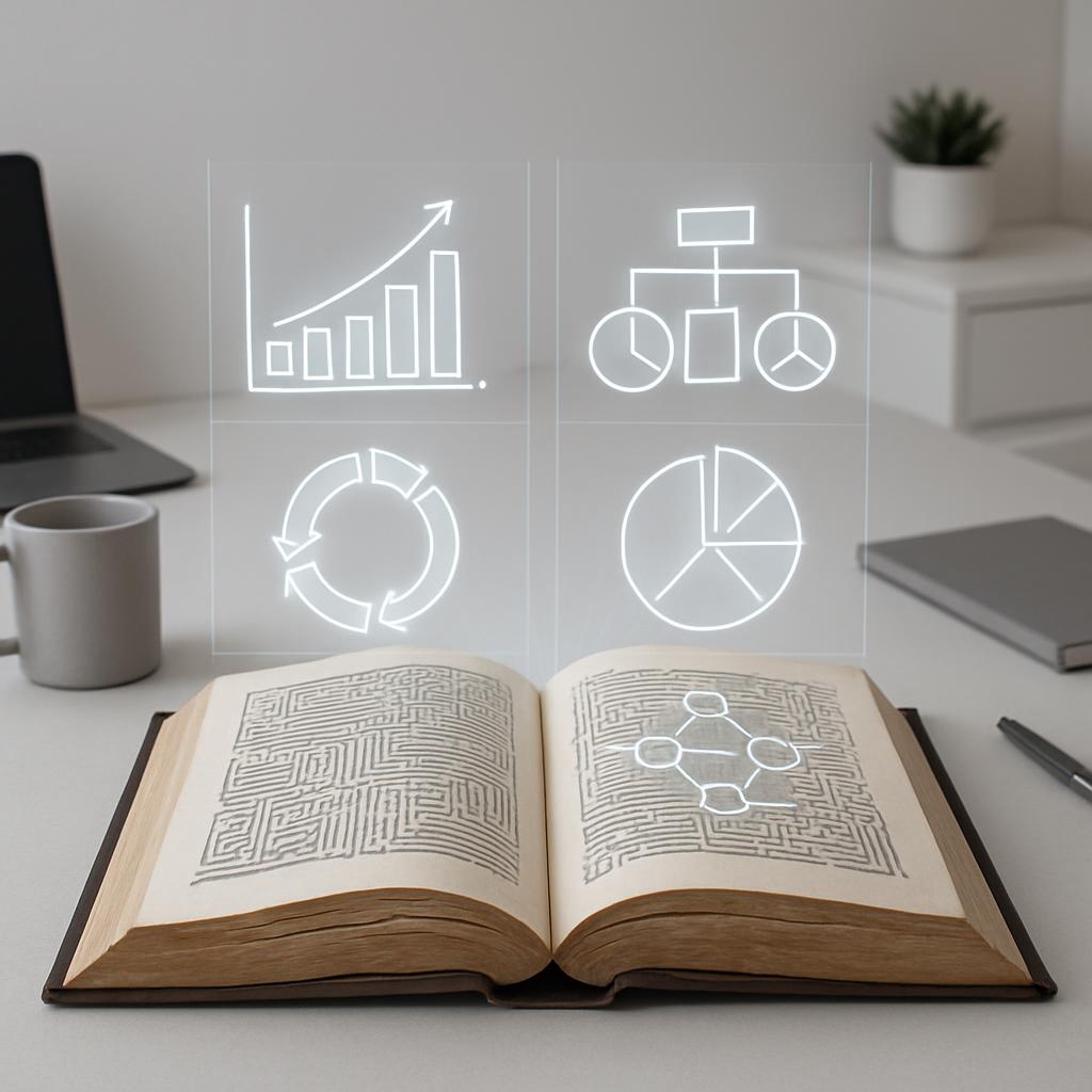 An open book with a maze and molecular structure illustration on the pages, accompanied by various charts and graphics ove...