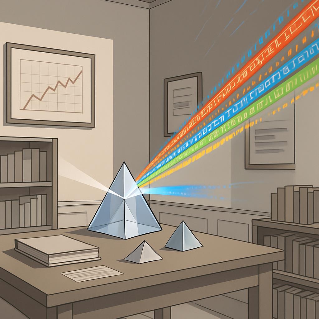 An artist's illustration of a pyramid laser beam featured in the geometry room of a well-funded progressive institution. T...