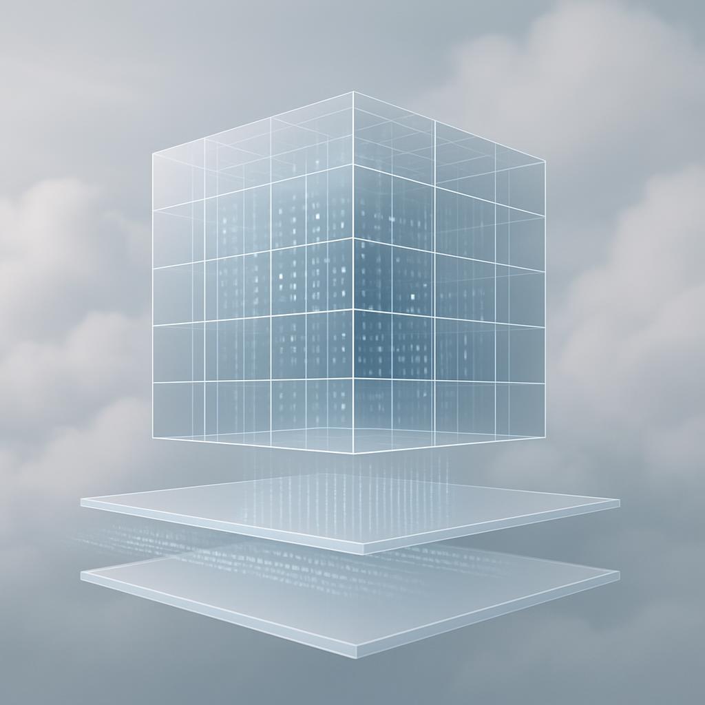 A blue and white cube with lines separating it, floating above a transparent plane, set against a blue background with clo...