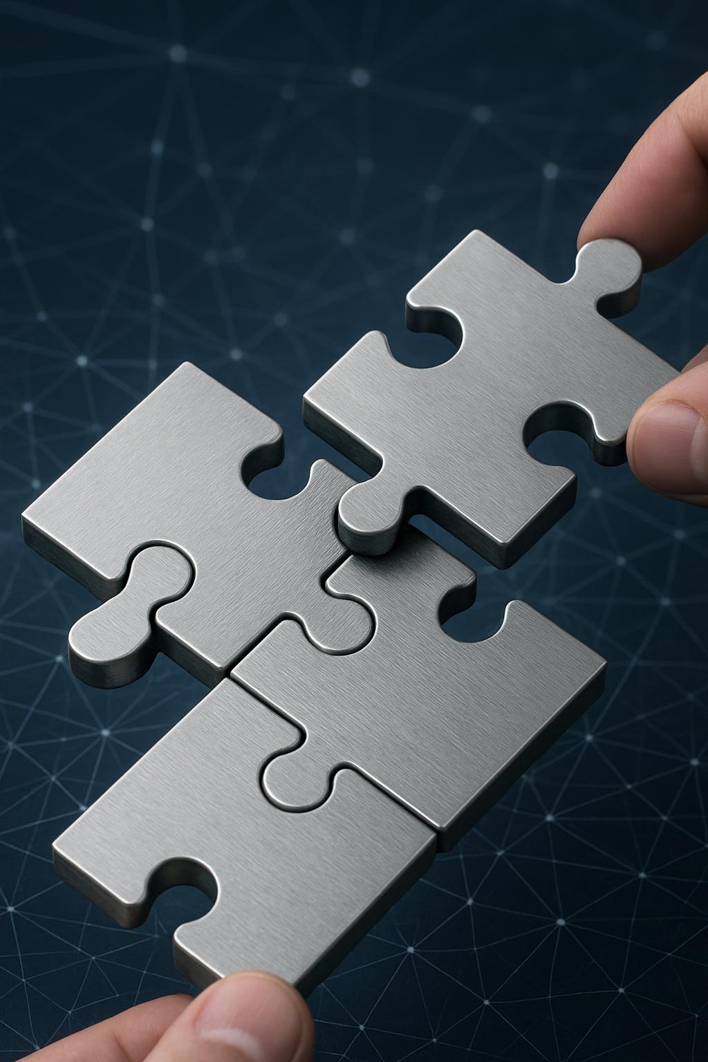 Metal jigsaw puzzle pieces are being connected by a pair of hands as seen from a bird’s-eye view.