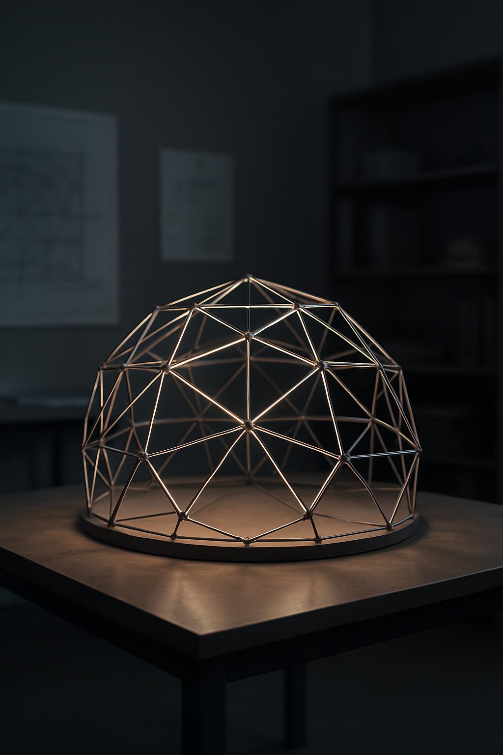 The image depicts a geometric metal dome sitting on a table. The dome is a three-dimensional structure made up of intercon...