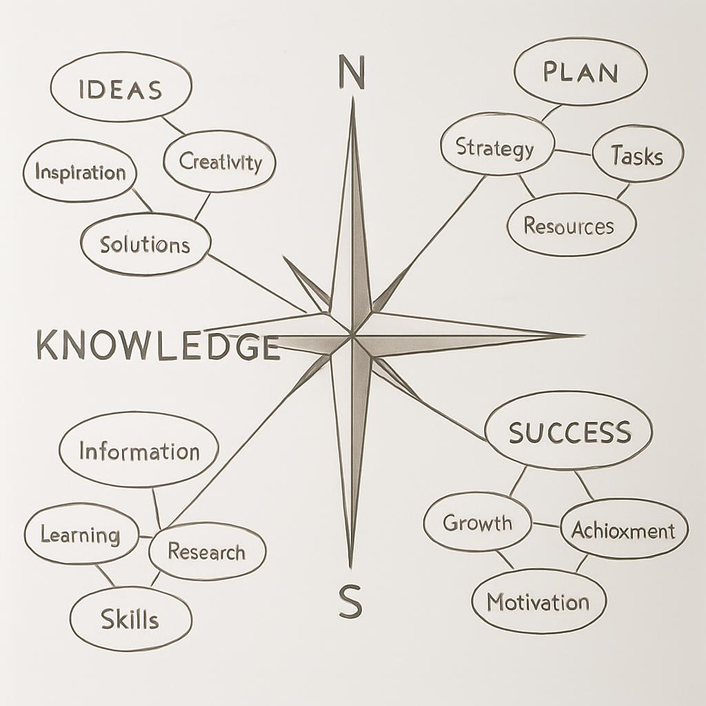 A graphic of a compass showing the network of knowledge and success.